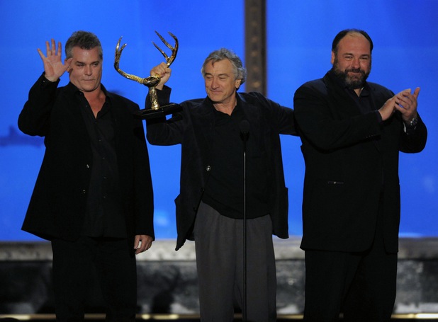 Actors, from left, Ray Liotta, Robert De Niro and James Gandolfini speak onstage at Spike TV "Guy's Choice" awards in Culver City, Calif., on Saturday, June 5, 2010. (AP Photo/Chris Pizzello)