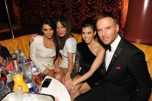 Kim Kardashian, Robin Antin, Kourtney Kardashian and Matt Goss at <em>Vegas'</em> seventh anniversary party at Surrender in Encore on June 19, 2010.