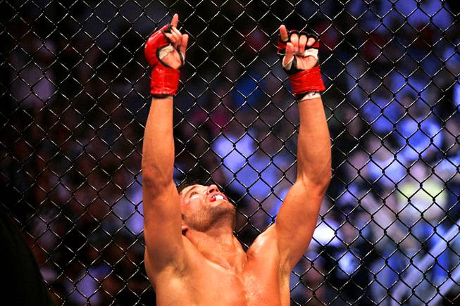 Josh Thomson celebrates after a third round submission of Pat Healy during a Strikeforce bout at the HP Pavillion in San Jose, Calif.