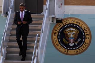 President Obama steps off Air Force One on Wednesday at McCarran International Airport for a two-day stay in Las Vegas.