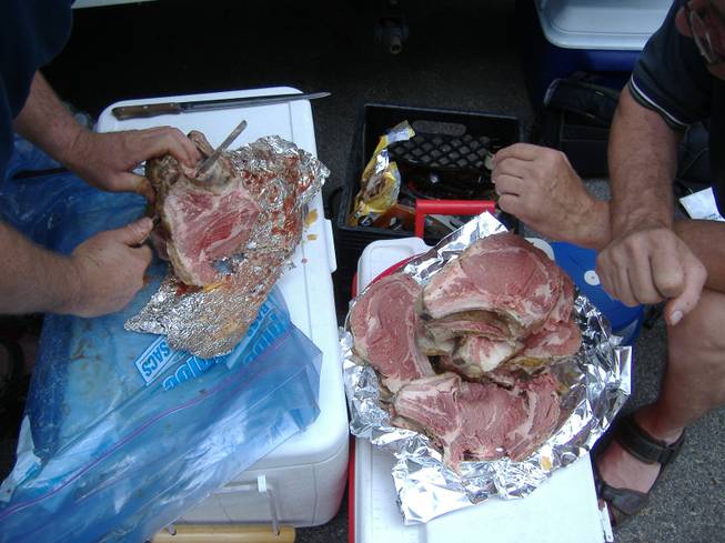 Steaks being prepped for the Marchetti family reunion at Redfish Lake, Idaho -- not vegan!