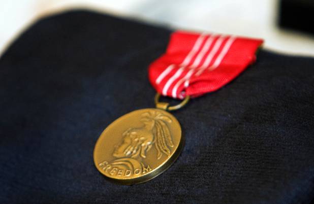 A Medal of Freedom is displayed during a news conference at the Las Vegas Mob Experience preview center at the Tropicana Monday, August 2, 2010. The medal was given to Meyer Lansky by President Harry Truman for his assistance during World War II, Lansky's grandson said. STEVE MARCUS / LAS VEGAS SUN