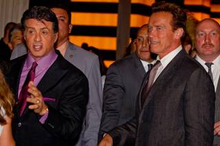 Sylvester Stallone and California Gov. Arnold Schwarzenegger at the premiere of The Expendables at Planet Hollywood on Aug. 11, 2010.