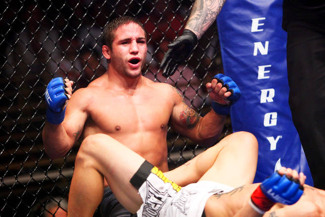 Chad Mendes celebrates after the final bell of a featherweight fight against Cub Swanson at WEC 50 inside The Pearl at The Palms Wednesday, August 18, 2010. Mendes won by unanimous decision.