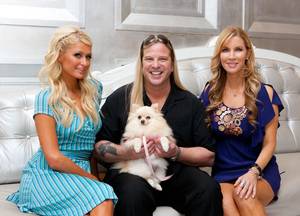 Paris Hilton, Michael Boychuck and Alicia Jacobs at his Color salon in Caesars Palace on Aug. 27, 2010.