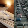LEFT: A model of a proposed Victorville station for the DesertXpress high-speed rail project is shown. RIGHT: Motorists navigate rush hour traffic on Interstate 15 near the Strip. (Las Vegas Sun file photos)
