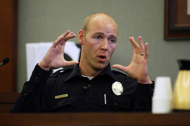 Henderson Police Officer Doug Lynaugh testifies during an inquest for the shooting of Richard Nolton Sr. at the Regional Justice Center Friday, Sept. 10, 2010.  Nolton was shot by an officer in Henderson in July.