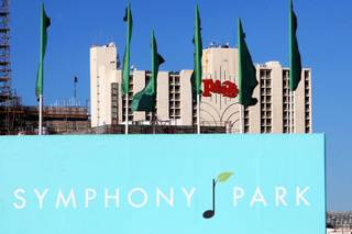 Symphony Park is under construction with the Plaza Hotel & Casino looming in the background. 