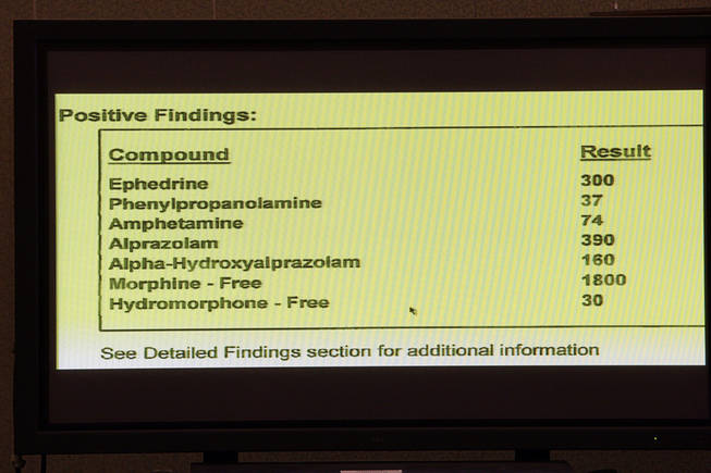 A list of drugs found in the blood of Erik Scott is displayed during a coroner's inquest at the Regional Justice Center Wednesday, September 22, 2010. 