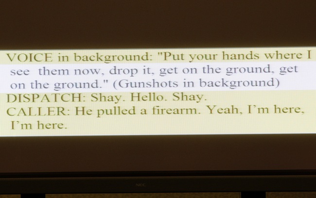 The transcript of a 911 tape is displayed during a coroner's inquest at the Regional Justice Center Thursday, September 23, 2010. 