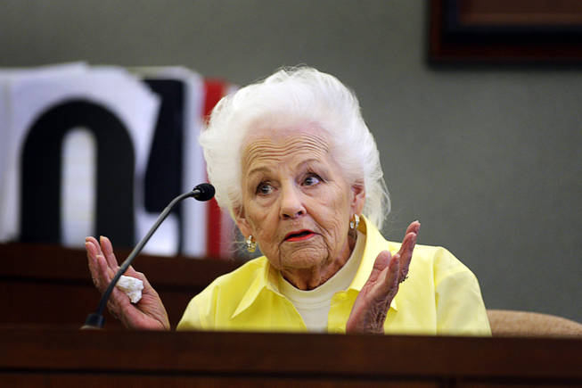 Bettie Lou Travis, who works at Costco giving food samples, testifies during a coroner's inquest for Erik Scott at the Regional Justice Center Monday, September 27, 2010. 
