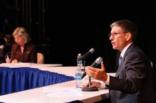 Joe Heck clarifies his position on education, refuting remarks by Rep. Dina Titus during a 3rd Congressional District debate Saturday at the CSN Cheyenne Campus.