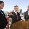Senate Majority Leader Harry Reid, center, responds to a question during a news conference Wednesday at UNLV. With Reid are U.S. Secretary of Transportation Ray LaHood, left, and Tom Skancke, president and CEO of The Skancke Company, a transportation consulting company.