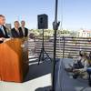 U.S. Secretary of Transportation Ray LaHood, left, Senate Majority Leader Harry Reid and Tom Skancke, president and CEO of The Skancke Company, a transportation consulting company, hold a news conference at UNLV Wednesday, October 13, 2010. LaHood and Reid announced specifics of a federal loan guarantee program for a public-private partnership to expedite development of the DesertXpress high-speed rail system between Las Vegas and Victorville, Calif. 