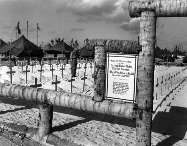 Officers and personnel of the 2nd U.S. Marine Division who fell in the battle for Tarawa atoll, Gilbert Islands, in November 1943, are buried in this cemetery, shown here on March 20, 1944. 
