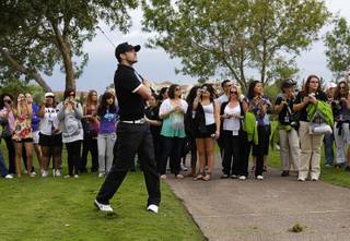 Justin Timberlake shoots from the rough during the Pro Am portion of the Justin Timberlake Shriners Hospitals for Children Open golf tournament at TPC Summerlin Wednesday, October 20, 2010.