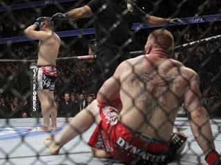 Cain Velasquez, left, celebrates after he defeated Brock Lesnar in UFC 121 in Anaheim, Calif., on Saturday. Velasquez won by TKO in the first round.