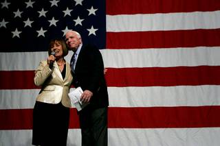 Sharron Angle introduces Sen. John McCain at a campaign rally for Angle on Friday at the Orleans.