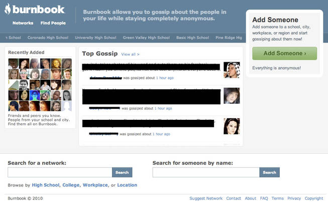 A screengrab of the Burnbook.com website, taken Nov. 2. The website allows users to gossip about other students anonymously. Some of the posts are positive, but a number of them are negative. In this image, the content of postings has been blacked out.