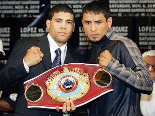 Juan Manuel Lopez (left) and Rafael Marquez pose during a press conference on November 4, 2010 at the MGM Grand Garden Arena.