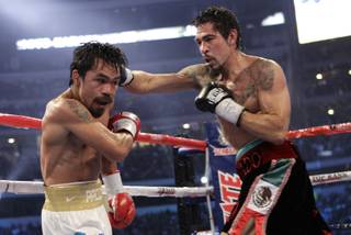 Antonio Margarito, right, throws a punch at Manny Pacquiao during their WBC title fight at Dallas Cowboys Stadium in Arlington, Texas on November 13, 2010.