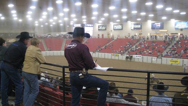 A potential buyer scans his notes as action unfolds on the arena floor.