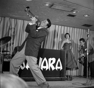 Louis Prima, wife Keely Smith and Sam Butera at the Sahara in Las Vegas on March 10, 1956.