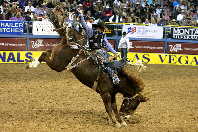 Saddle bronc rider Cort Scheer rides Starburst during the last night of the National Finals Rodeo Saturday, December 11, 2010 at the Thomas & Mack Center.