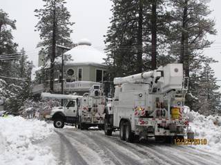 NV Energy crews worked to restore power to the Kyle Canyon area of Mount Charleston Wednesday morning and afternoon. Having made limited progress in the continuing snowstorm, crews were pulled around 3 p.m. and will assess the situation Thursday morning, NV Energy officials said.