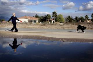 Reverend Mary Bredlau walks her dog Schatze near her home in North Las Vegas December 23, 2010.