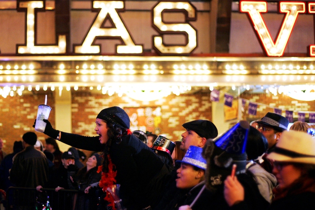 Andrea Hernandez of Whittier, Ca. gets excited about the Red Hot Chili Peppers tribute band Red Not Chili Peppers during New Year's TributePalooza at the Fremont Street Experience in downtown Las Vegas Friday, December 31, 2010.