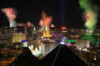 Fireworks explode over the Las Vegas Strip just after midnight Jan. 1, 2011. This photo was taken from Mix atop The Hotel at Mandalay Bay.
