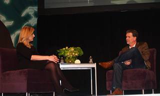Netflix CEO, Reed Hastings, and Arianna Huffington, co-founder of the Huffington Post, talk during the 2011 Leaders in Technology Dinner Friday night at the Lafite Ballroom in the Wynn Hotel.