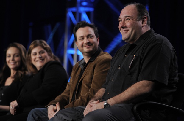 James Gandolfini, right, a cast member in the HBO film "Cinema Verite," takes part in a panel discussion along with, from left, fellow cast member Diane Lane and co-directors Shari Springer Berman and Bob Pulchini during the HBO Television Critics Association winter press tour in Pasadena, Calif., Friday, Jan. 7, 2011. (AP Photo/Chris Pizzello)