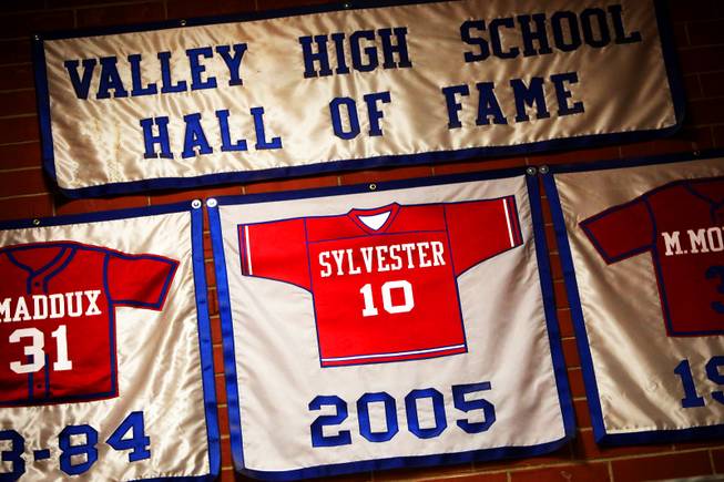 The high school jersey of Pittsburgh Steelers player Stevenson Sylvester hangs in the gym at Valley High School in Las Vegas. Stevenson played football at Valley High and will play in next week's Super Bowl.