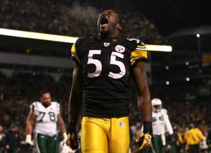 Pittsburgh Steelers linebacker Stevenson Sylvester celebrates after defeating the New York Jets in the NFL AFC Championship football game in Pittsburgh on Jan. 23, 2011. 
