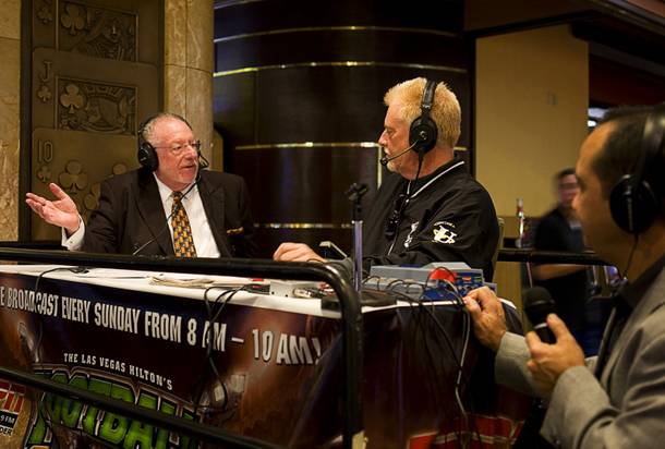Las Vegas Mayor Oscar Goodman discusses Super Bowl proposition bets with radio host Brian Blessing during a radio show at the Las Vegas Hilton race and sports book Thursday, Feb. 3, 2011.