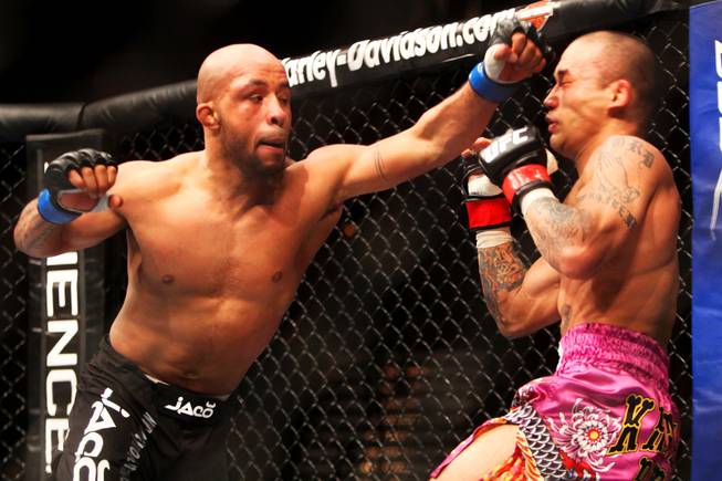 Demetrious Johnson throws a left at Kid Yamamoto during their bantamweight bout at UFC 126 Saturday, February 5, 2011 at Mandalay Bay Events Center.  Johnson won by unanimous decision.
