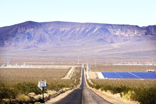 Copper Mountain Solar One and Eldorado Solar are seen on the left and Nevada Solar One on the right of Eldorado Valley Road off U.S. 95 in Boulder City on Thursday, Feb. 10, 2011.