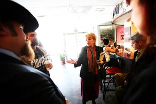 Las Vegas mayoral candidate, Carolyn Goodman, talks with patrons of The Beat Coffee Shop in downtown Las Vegas Friday, February 11, 2011 as she campaigns for the seat being left by her husband.