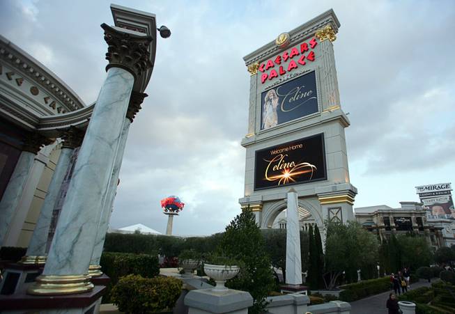 The marquee sign at Caesars Palace displays a welcome to Celine Dion in Las Vegas on Feb. 16, 2011. The singer begins a new series of shows at The Colosseum on March 15.
