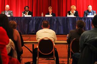 Candidates, from left, Larry Brown, Katherine Duncan, Chris Giunchigliani, Carolyn Goodman and Steve Ross take part in a Las Vegas mayoral debate sponsored by various neighborhood associations Tuesday, February 22, 2011.