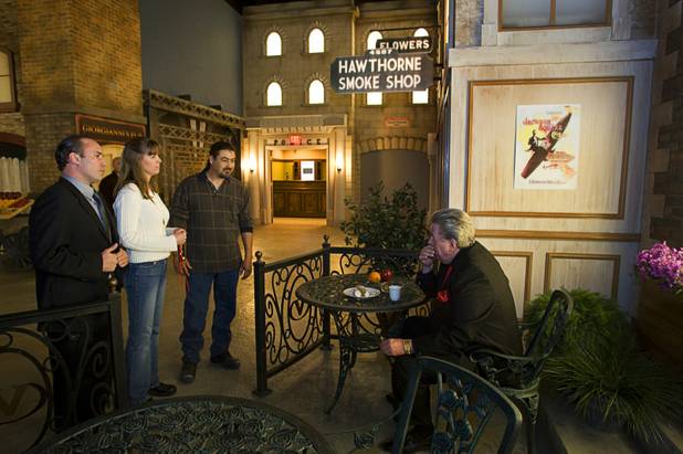 Candice Rodriguez and Sergio Tamez, center, interact with mobster "Big Leo" (played by Howie Locke) during a preview of the Las Vegas Mob Experience at the Tropicana on March 1, 2011. At left, is a Big Leo's assistant played by Tommy Lynch.
