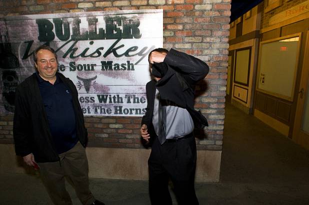 Jay Bloom, managing partner of the Las Vegas Mob Experience, stands at left, as a "mob assistant" Tommy Lynch hides from the camera during a preview of the Las Vegas Mob Experience at the Tropicana Tuesday, March 1, 2011. The $25 million Mob Experience will officially open March 29.