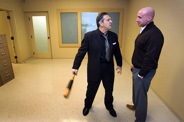 A "gangster" (played by actor Joey Ciccone), left, interacts with Andrew De Maio during a preview of the Las Vegas Mob Experience at the Tropicana Tuesday, March 1, 2011. The $25 million Mob Experience will officially open March 29.