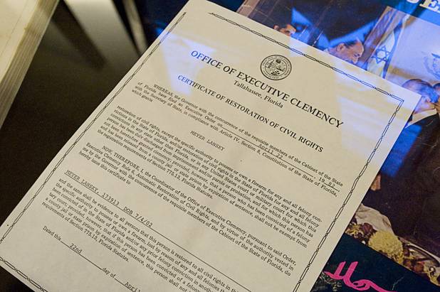 A certificate of Restoration of Civil Rights is displayed in an exhibit for gangster Meyer Lanskey at the Las Vegas Mob Experience in the Tropicana Tuesday, March 1, 2011. The $25 million Mob Experience will officially open March 29.