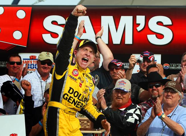Mark Martin celebrates after winning the Sam's Town 300 NASCAR Nationwide Series race at the Las Vegas Motor Speedway Saturday, March 5, 2011. 