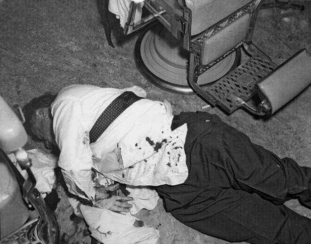 This is a crime scene photo of Albert Anastasia at the unveiling of the Mob Museum's most recent acquisition, the barber chair that Anastasia was murdered in Wednesday, March 9, 2011.