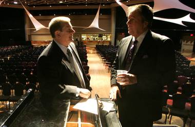 Scotty O’Neil, left, confers with his longtime friend and talk show host Dennis Bono at Sam’s Town in 2005.
