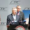 Sen. Harry Reid speaks to the media about progress on the DesertXpress high-speed rail project Friday, March 25, 2011, at the UNLV Science and Engineering building. With him, from left, is Nevada Department of Transportation Director Susan Martinovich, U.S. Secretary of Transportation Ray LaHood and UNLV President Neal Smatresk.